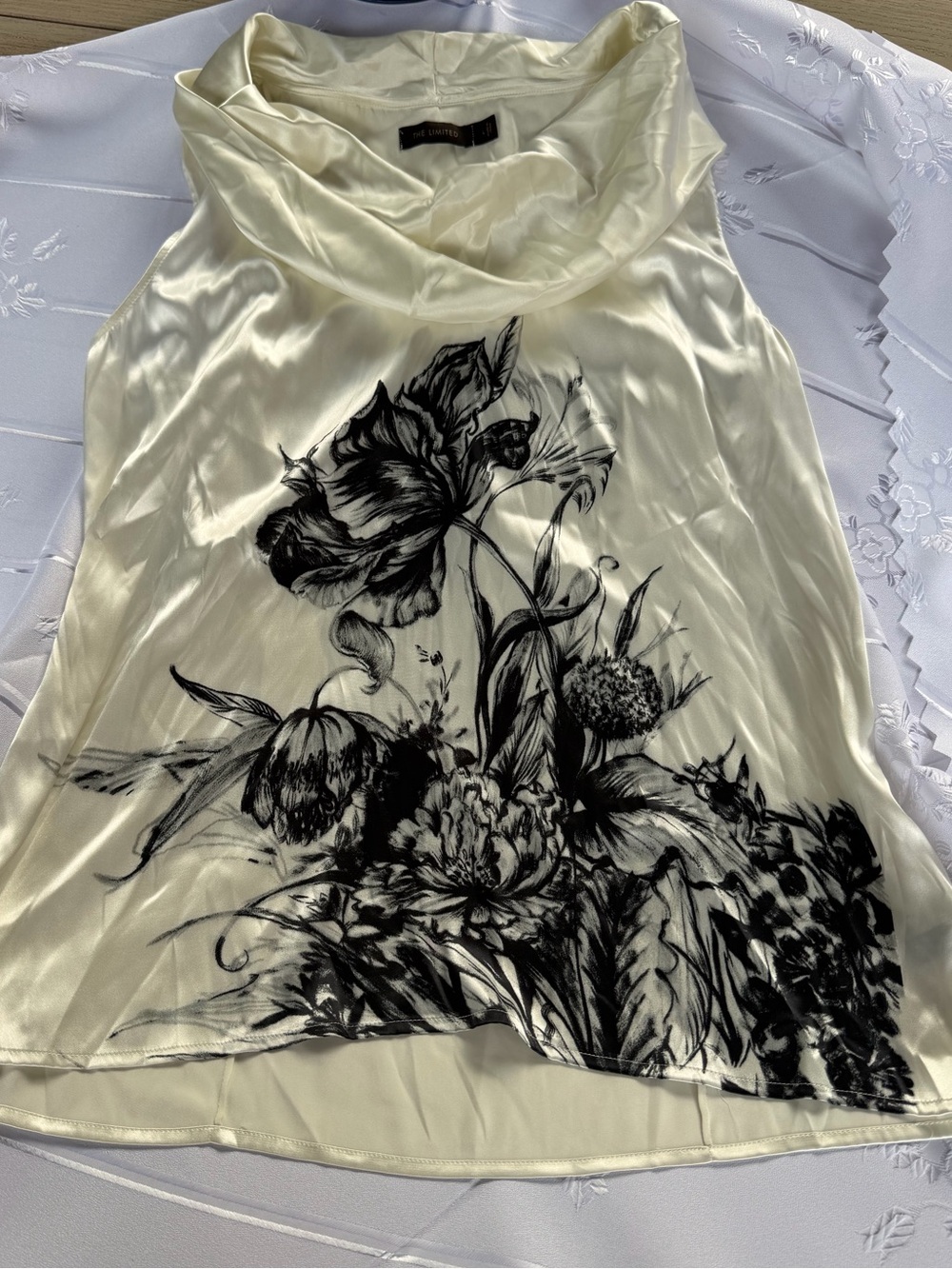 The Limited Ivory Satin Floral Cowl-Neck Blouse Size Large